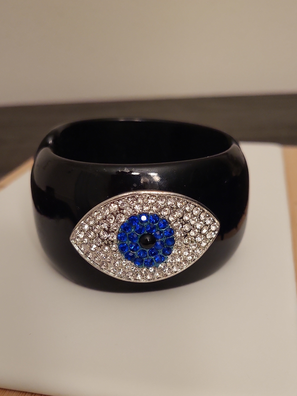 Vintage Lucite Hinged Rhinestone Evil Eye Bangle Bracelet